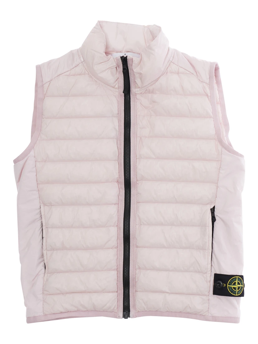 Sleeveless Puffer Jacket with Logo Patch on the Side and Two Zip Pockets on the Front in Pink Tech Fabric for Kids
