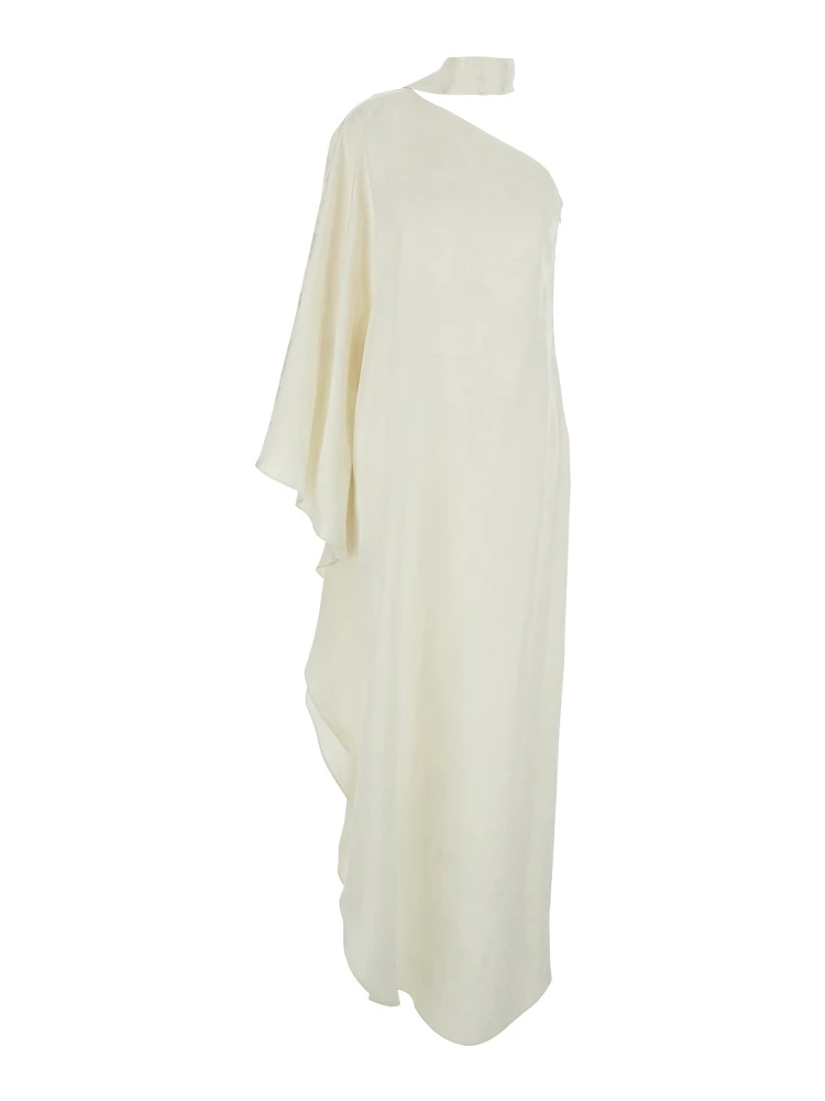Ubud White Maxi Dress with One-Shoulder Design and Scarf Detail in Toile-de-Jouy Jacquard Woman