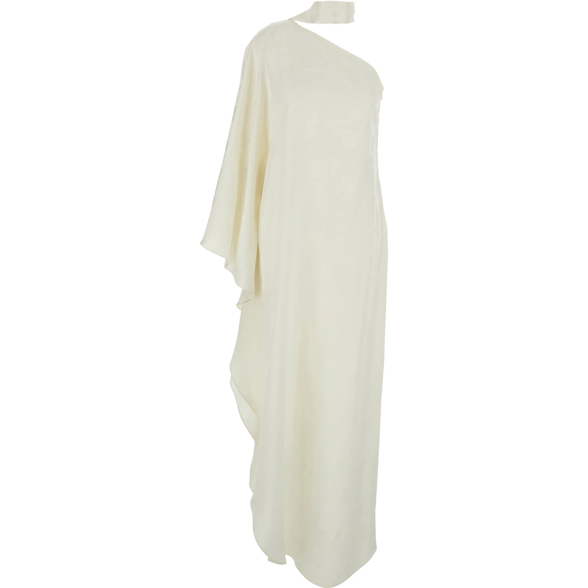 Ubud White Maxi Dress with One-Shoulder Design and Scarf Detail in Toile-de-Jouy Jacquard Woman