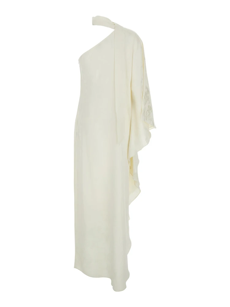 Ubud White Maxi Dress with One-Shoulder Design and Scarf Detail in Toile-de-Jouy Jacquard Woman alternative