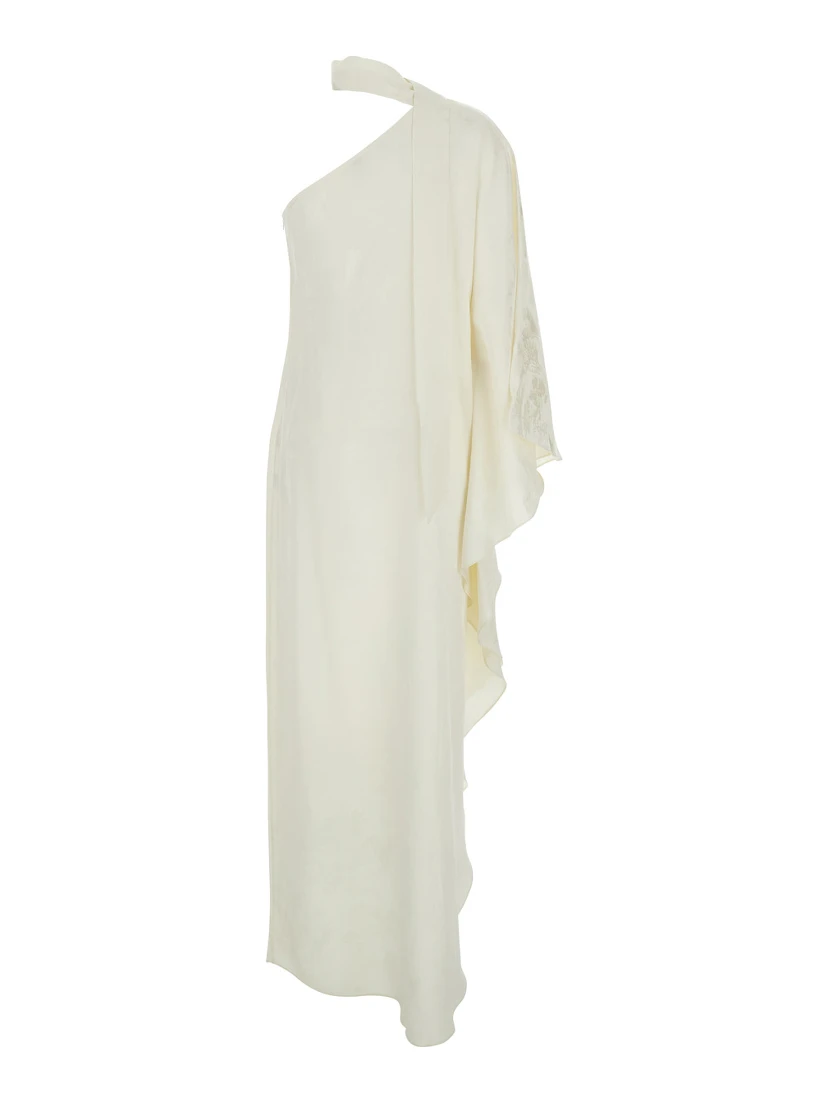 Ubud White Maxi Dress with One-Shoulder Design and Scarf Detail in Toile-de-Jouy Jacquard Woman