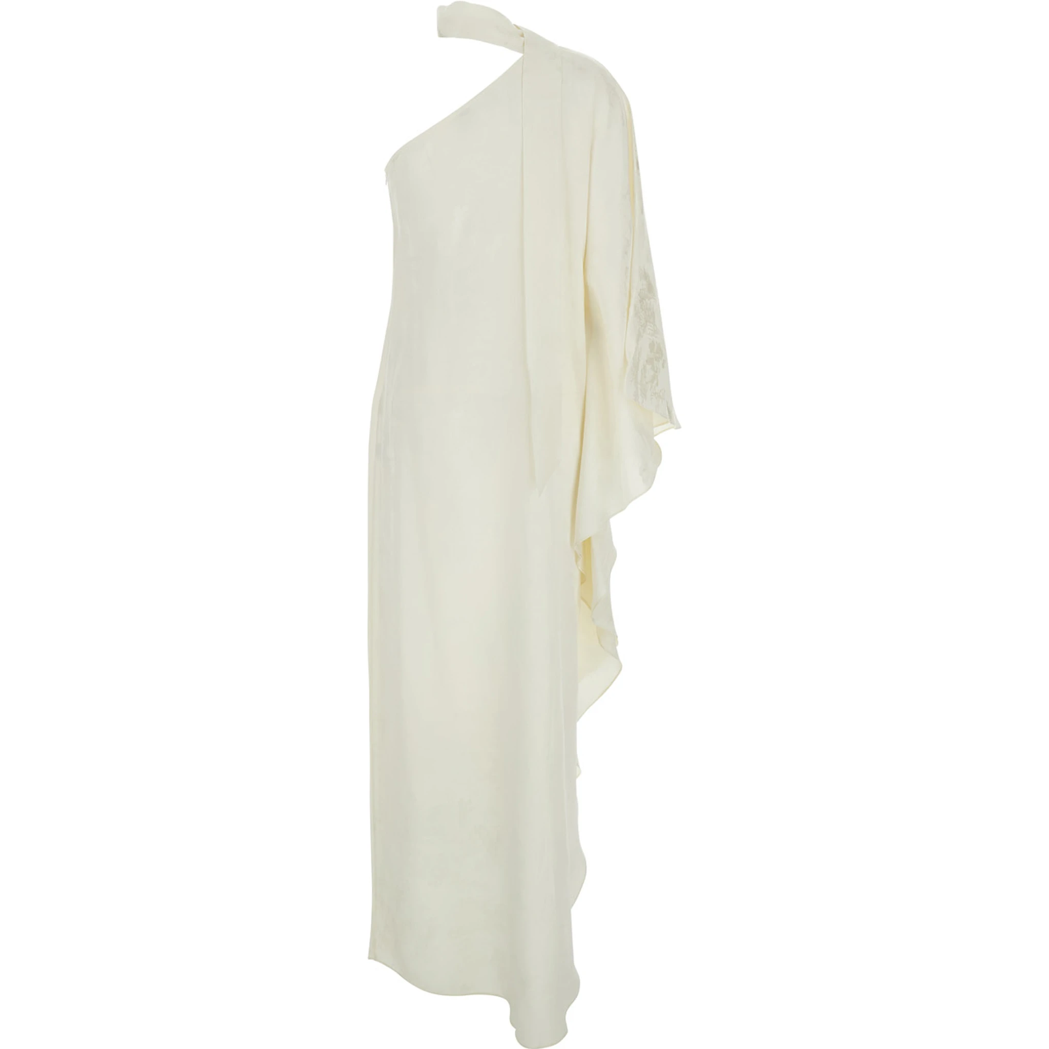 Ubud White Maxi Dress with One-Shoulder Design and Scarf Detail in Toile-de-Jouy Jacquard Woman