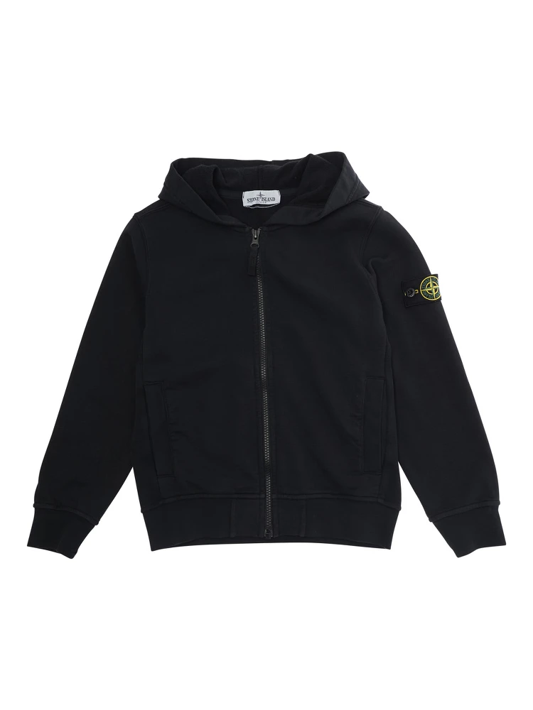 Black Cotton Hoodie with Logo Patch on Sleeve for Kids