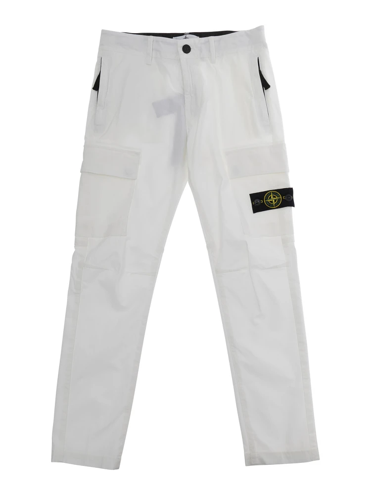 White Pants with Logo Patch on the Front and Two Flap Pockets in Stretch Cotton for Kids