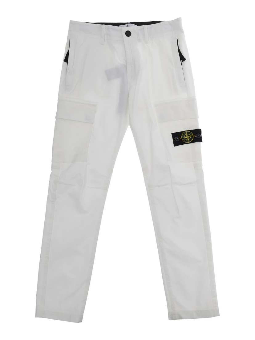 White Pants with Logo Patch on the Front and Two Flap Pockets in Stretch Cotton for Kids