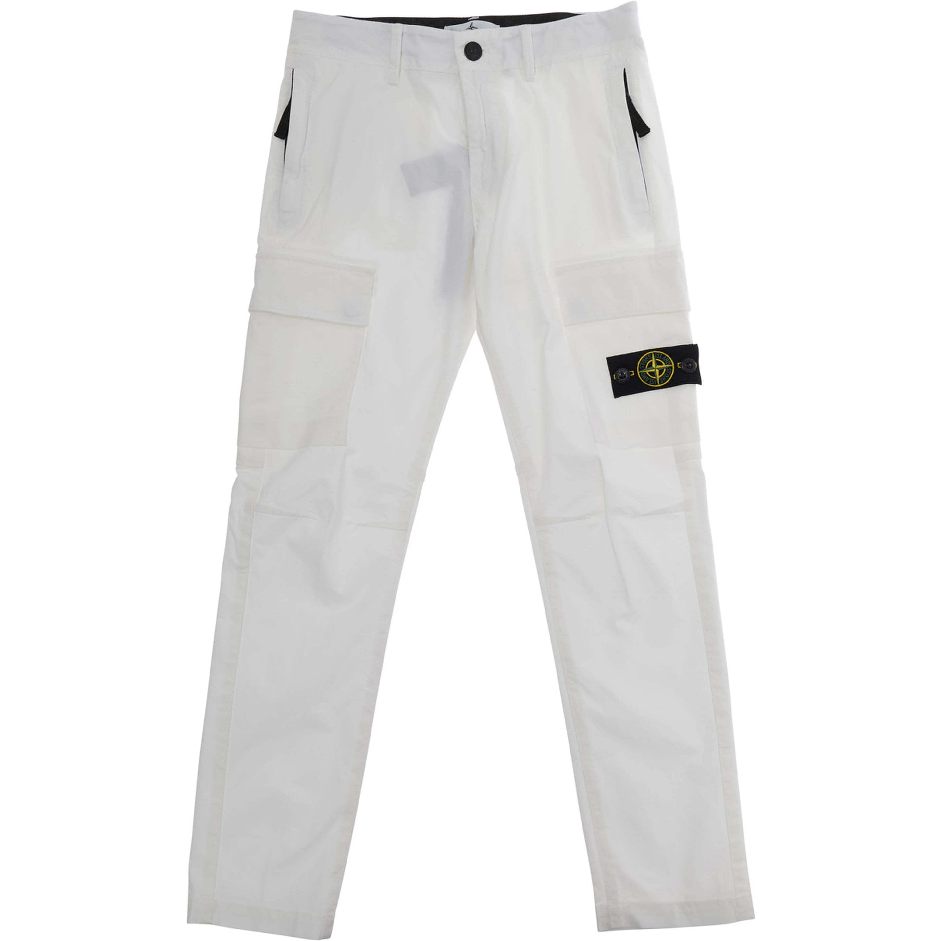 White Pants with Logo Patch on the Front and Two Flap Pockets in Stretch Cotton for Kids