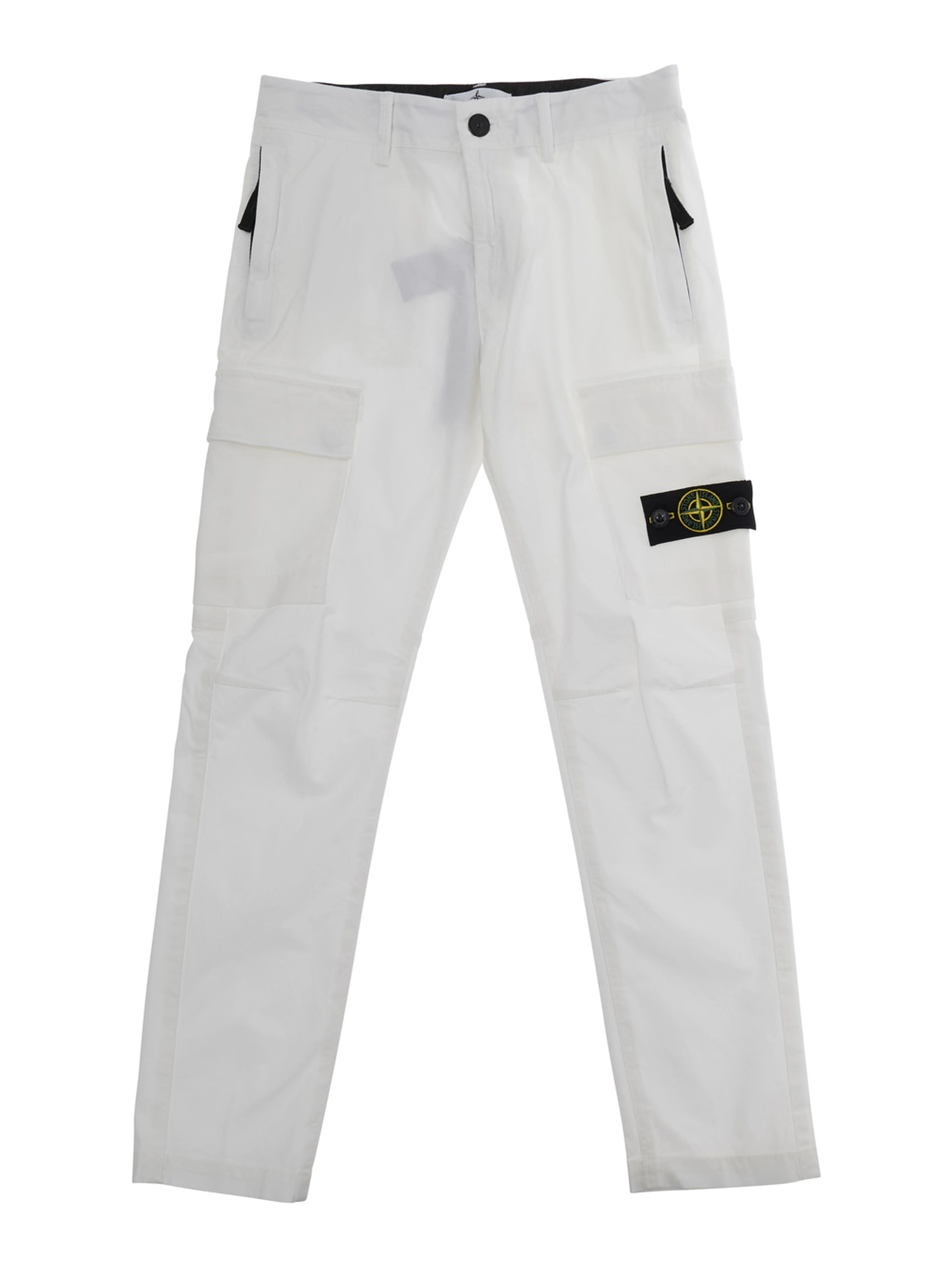 White Pants with Logo Patch on the Front and Two Flap Pockets in Stretch Cotton for Kids