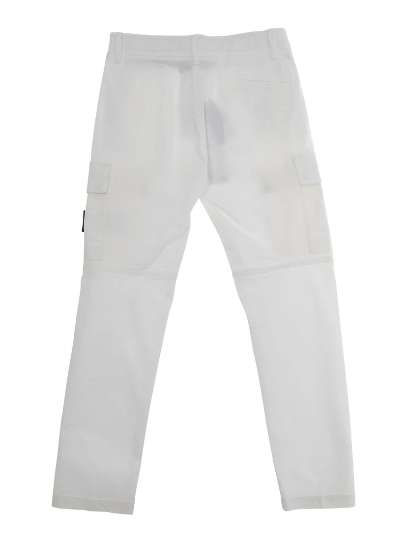 White Pants with Logo Patch on the Front and Two Flap Pockets in Stretch Cotton for Kids