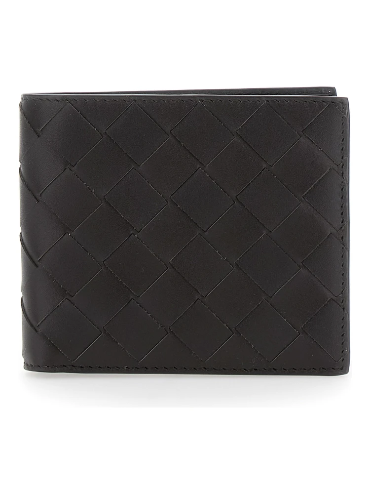 Brown Bi-Fold Wallet with Intrecciato Motif and Embossed Logo on the Inside in Leather Man