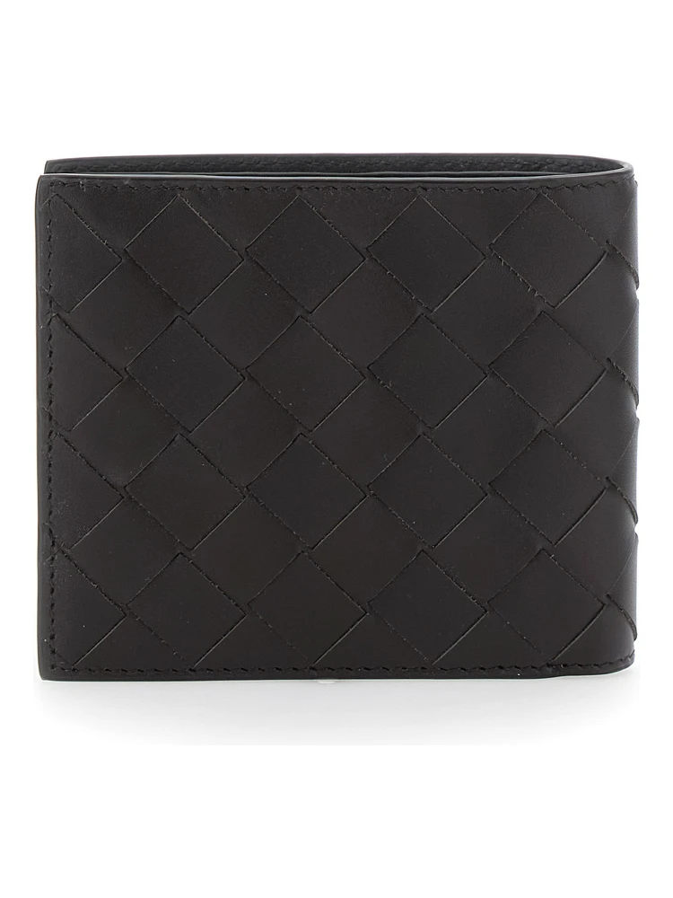 Brown Bi-Fold Wallet with Intrecciato Motif and Embossed Logo on the Inside in Leather Man alternative