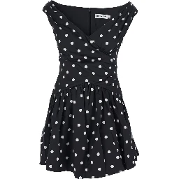 Black Dress with All-Over Polka Dot and Flared Skirt in Cotton Woman