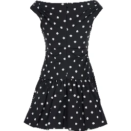 Black Dress with All-Over Polka Dot and Flared Skirt in Cotton Woman