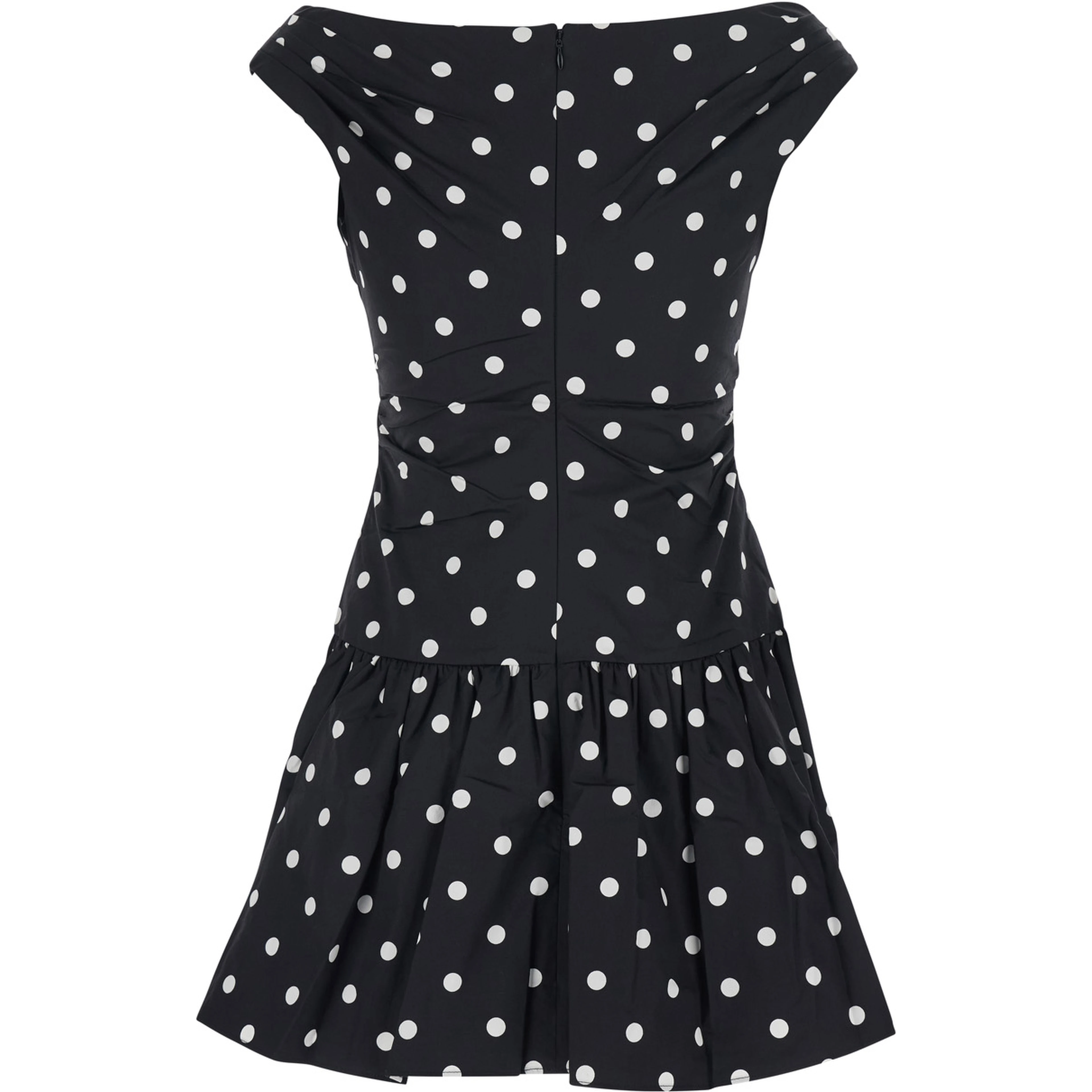 Black Dress with All-Over Polka Dot and Flared Skirt in Cotton Woman
