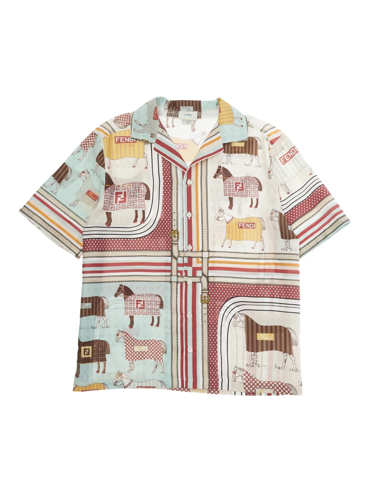 Fendi Multicolor Bowling Shirt with Cuban Collar and All-Over Horse Print in Cotton and Silk Boy