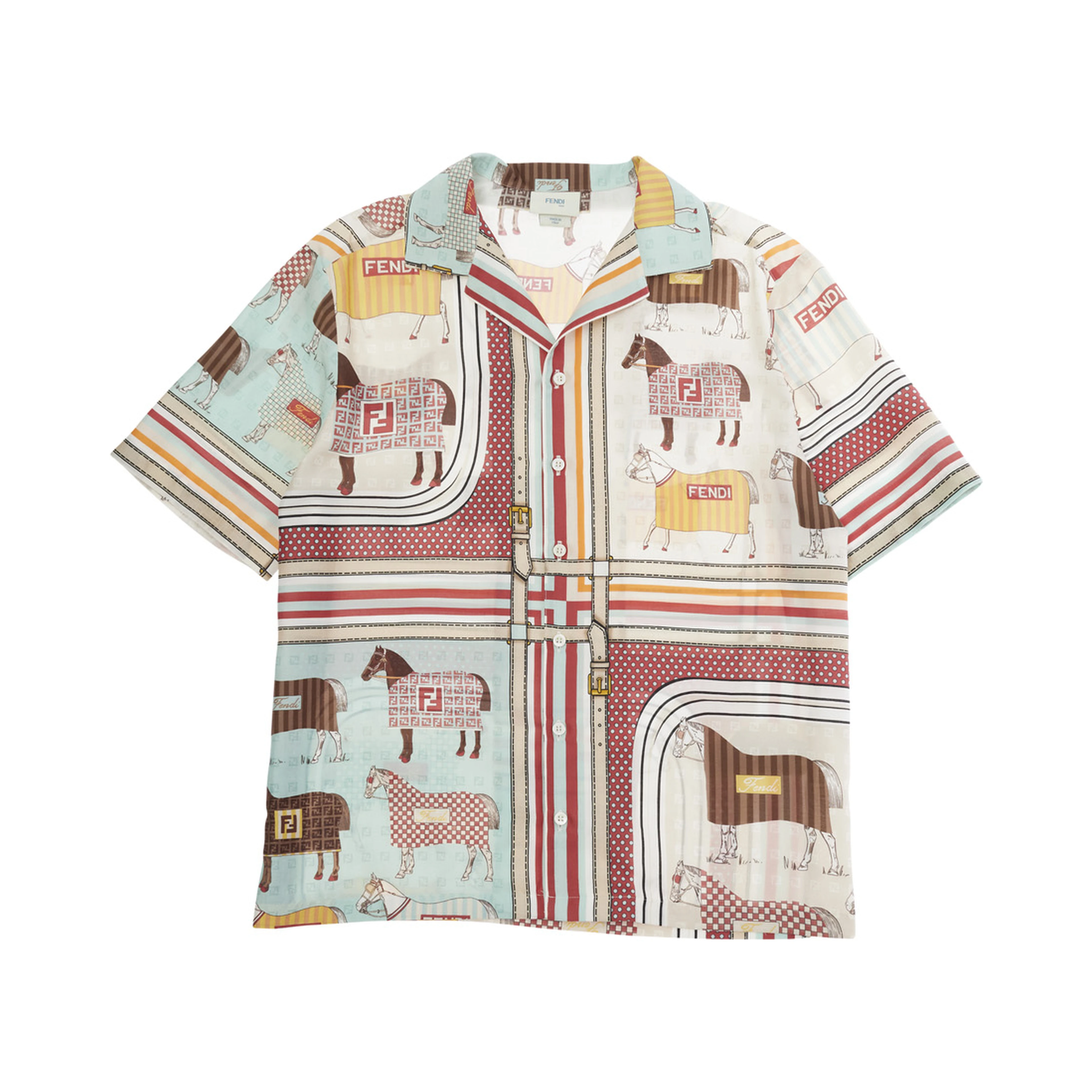Fendi Multicolor Bowling Shirt with Cuban Collar and All-Over Horse Print in Cotton and Silk Boy