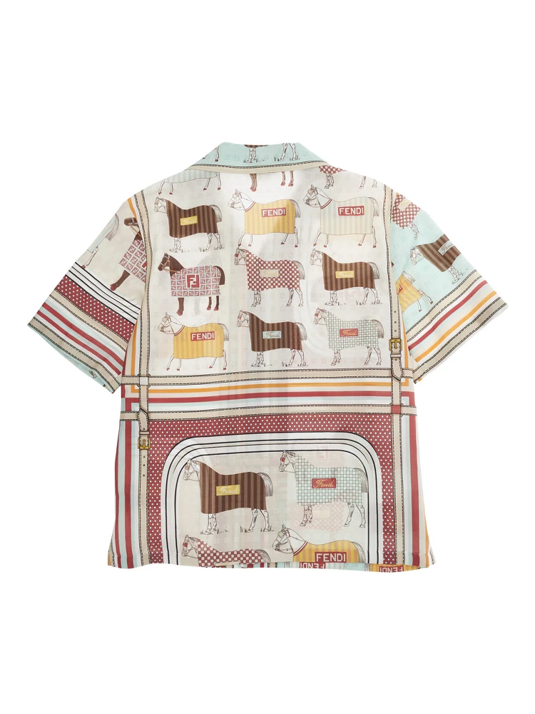 Fendi Multicolor Bowling Shirt with Cuban Collar and All-Over Horse Print in Cotton and Silk Boy alternative