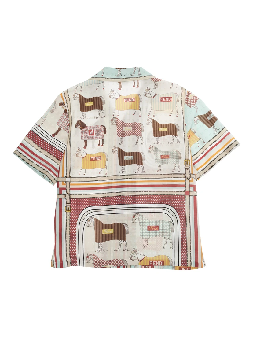 Fendi Multicolor Bowling Shirt with Cuban Collar and All-Over Horse Print in Cotton and Silk Boy
