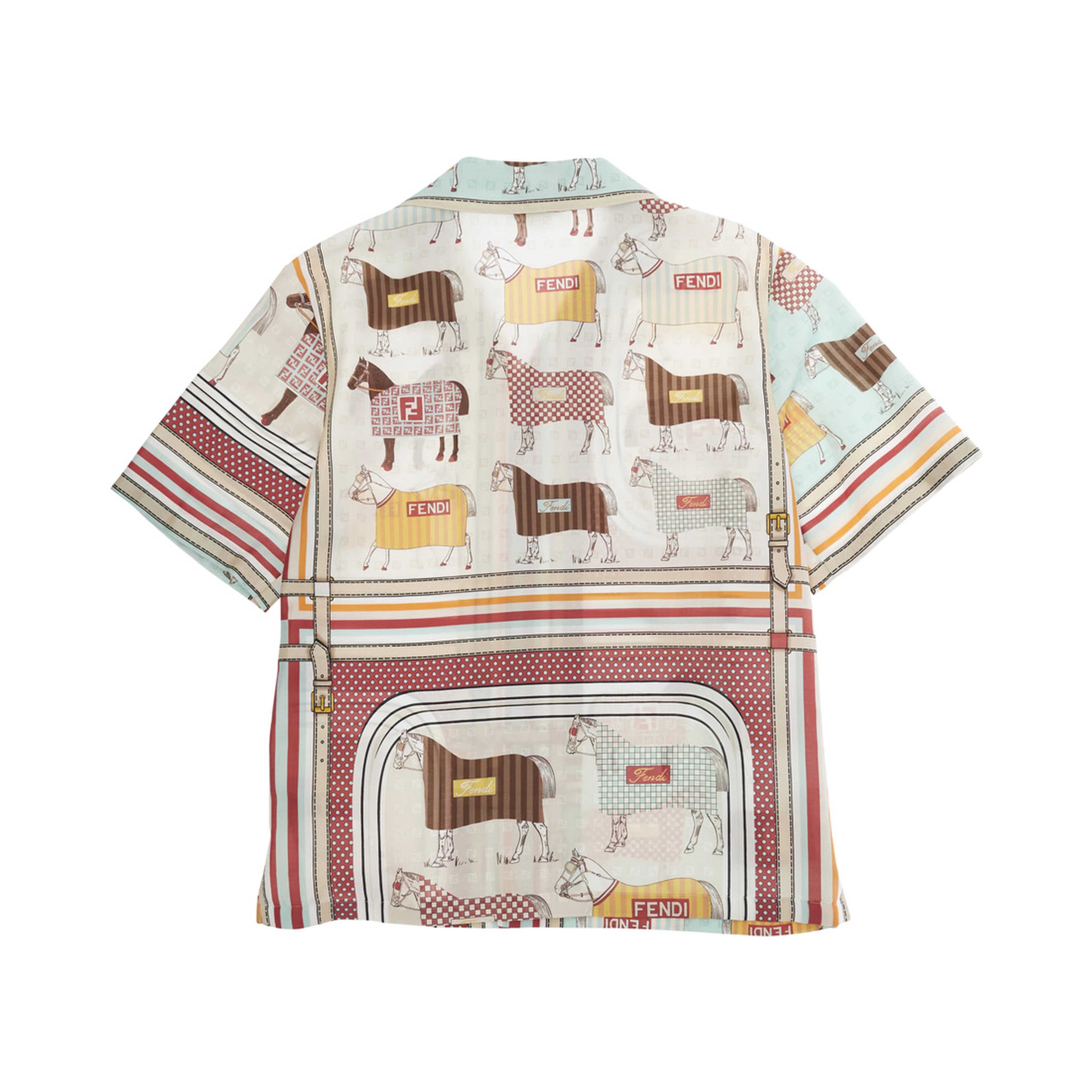 Fendi Multicolor Bowling Shirt with Cuban Collar and All-Over Horse Print in Cotton and Silk Boy