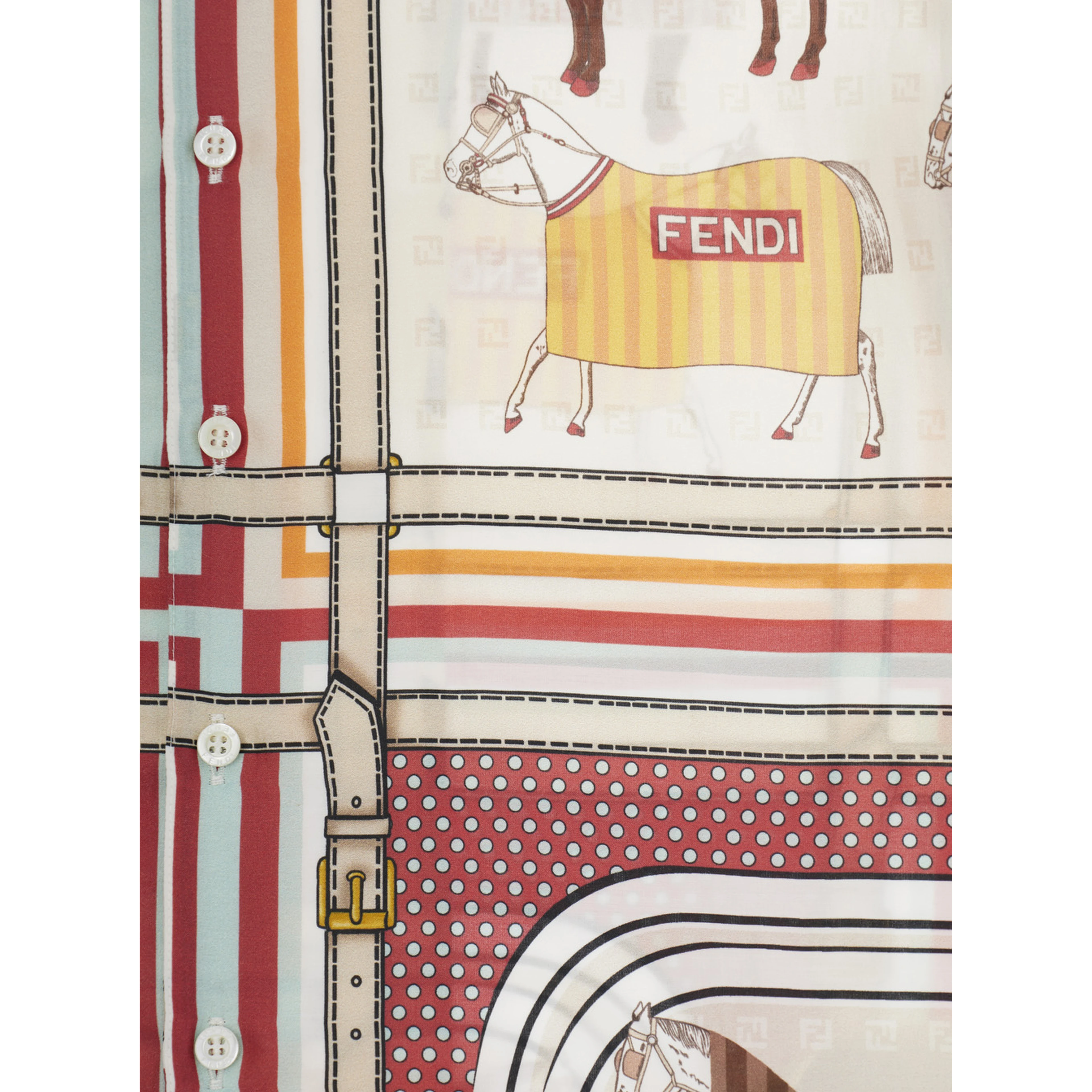 Fendi Multicolor Bowling Shirt with Cuban Collar and All-Over Horse Print in Cotton and Silk Boy