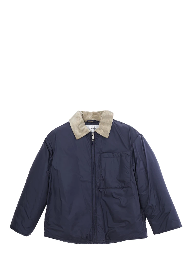 Green Jacket with Corduroy Collar and One Front Patch Pocket in Tech Fabric Boy