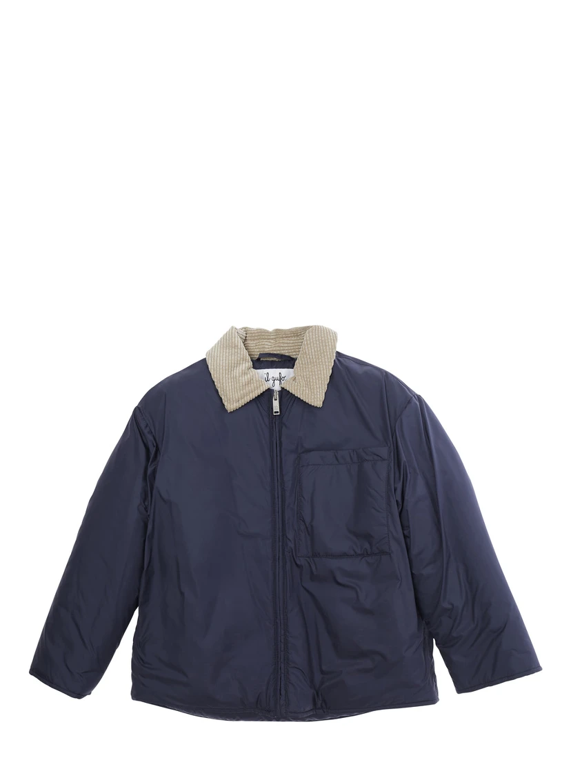 Green Jacket with Corduroy Collar and One Front Patch Pocket in Tech Fabric Boy