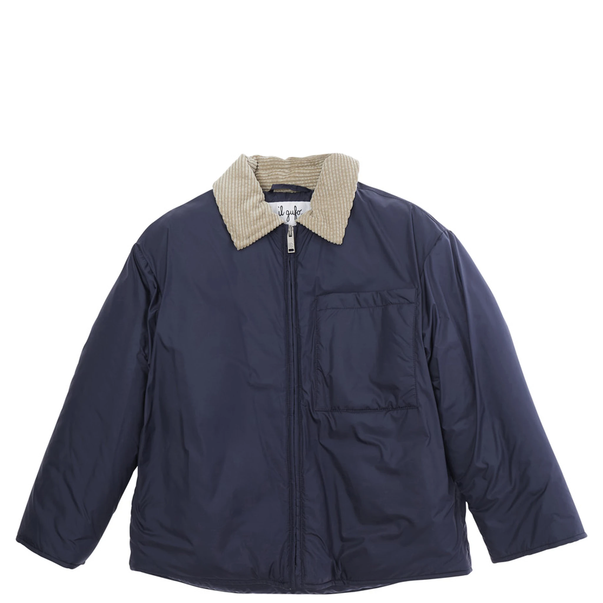 Green Jacket with Corduroy Collar and One Front Patch Pocket in Tech Fabric Boy