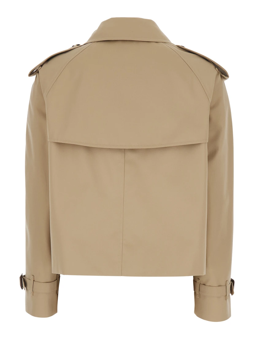 Haltye Beige Double-Breasted Short Trench Coat with Classic Collar and Side Pockets in Cotton Woman