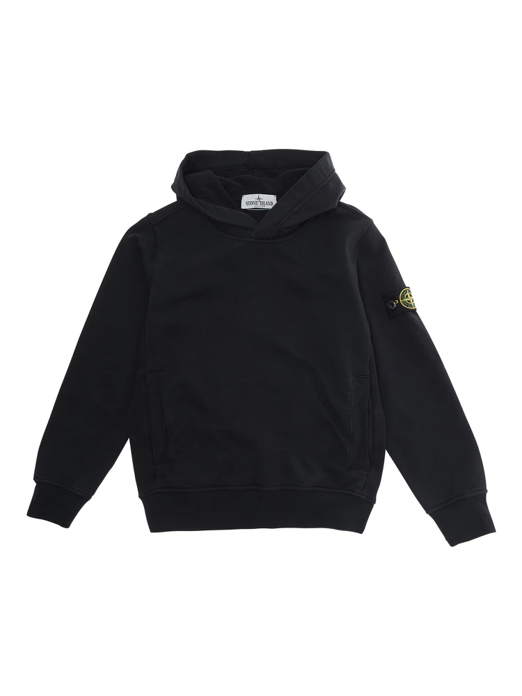 Black Hoodie with Fixed Hood and Logo Patch on Sleeve for Kids