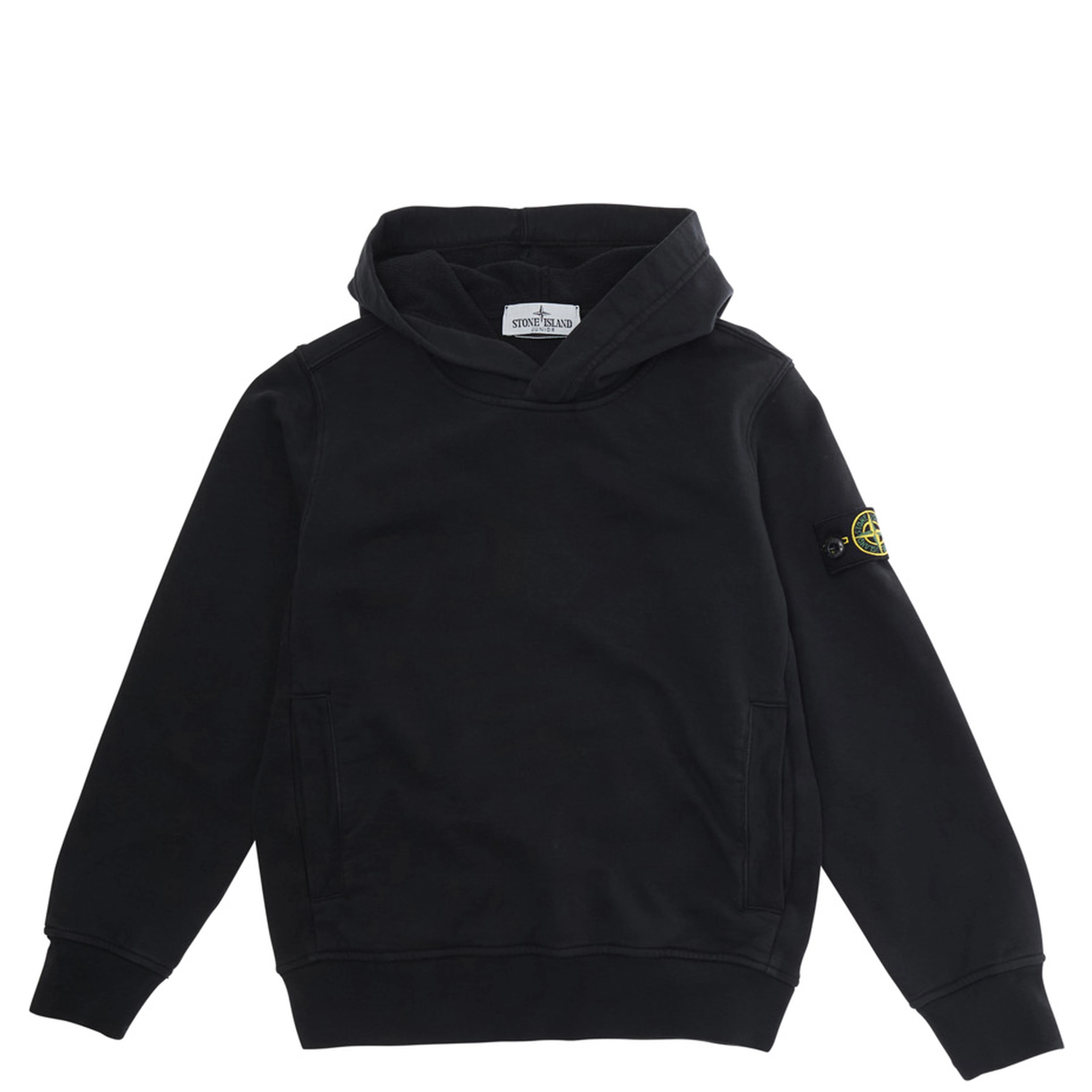 Black Hoodie with Fixed Hood and Logo Patch on Sleeve for Kids