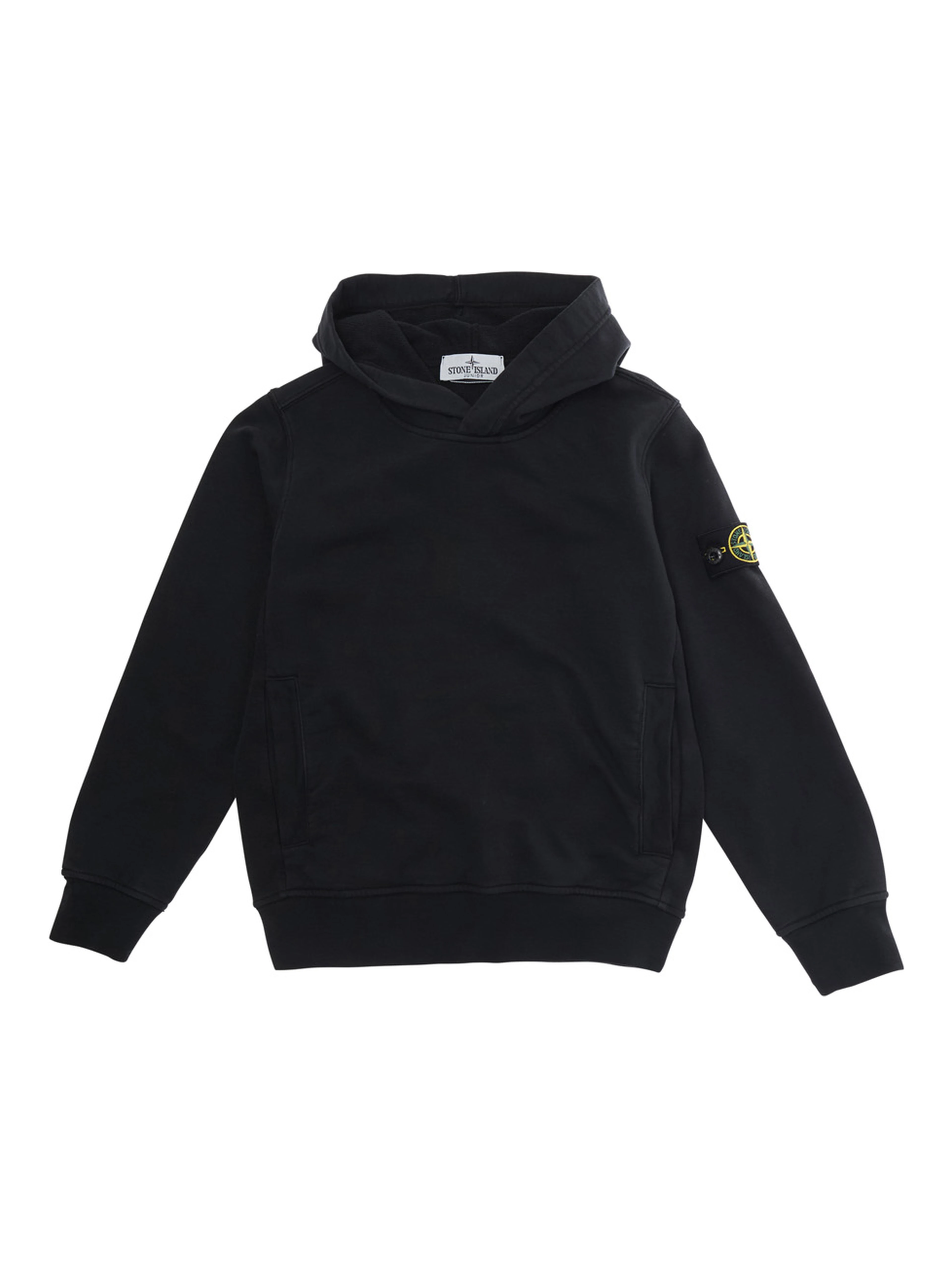 Black Hoodie with Fixed Hood and Logo Patch on Sleeve for Kids