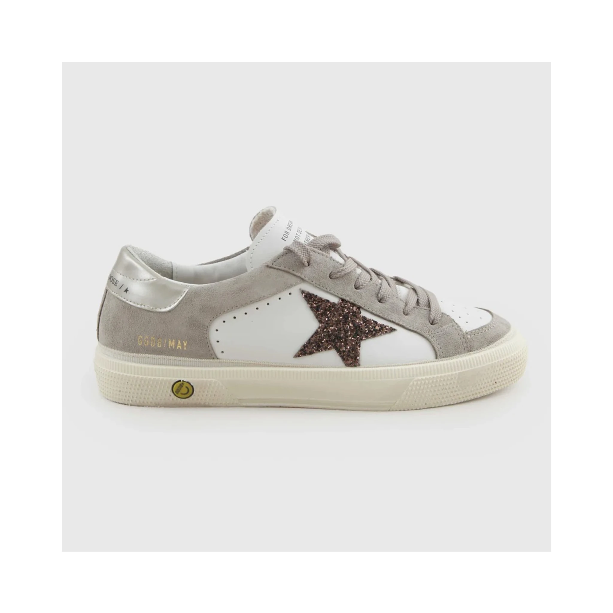 may leather upper vamp and tongue suede quarter and toe glitter star laminated heel