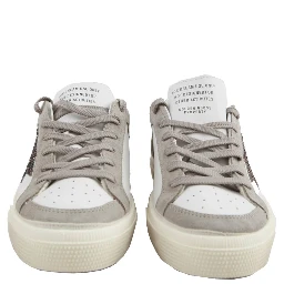 may leather upper vamp and tongue suede quarter and toe glitter star laminated heel