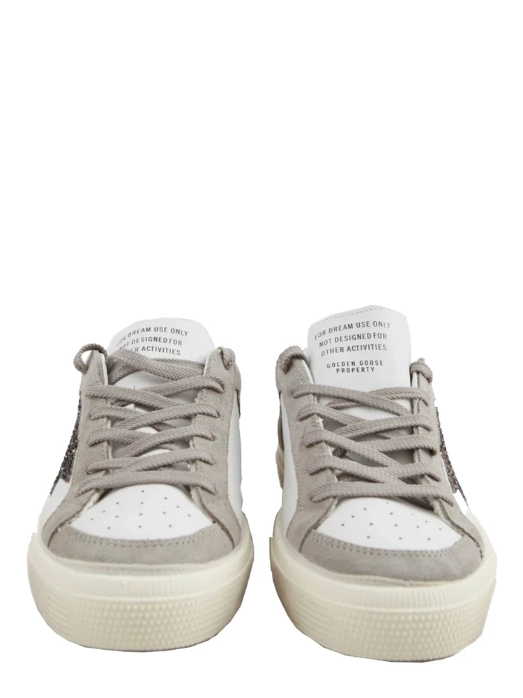 may leather upper vamp and tongue suede quarter and toe glitter star laminated heel alternative