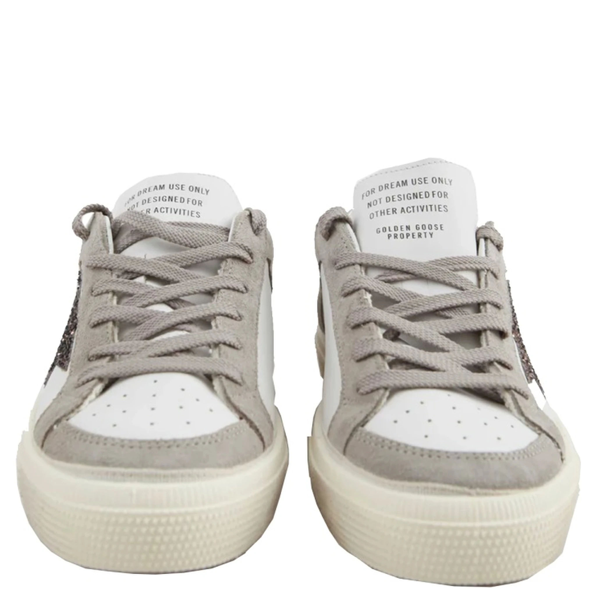 may leather upper vamp and tongue suede quarter and toe glitter star laminated heel