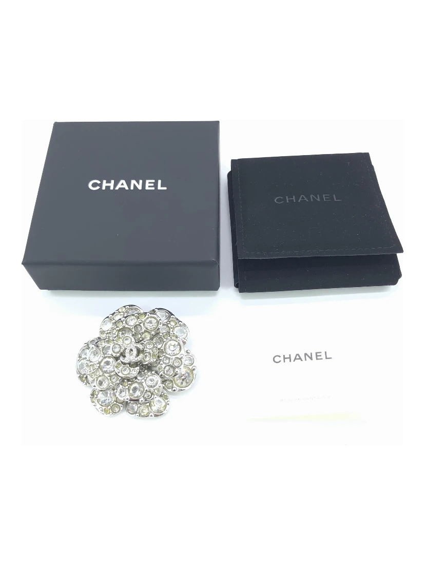 Silver Crystal Camellia Flower Brooch