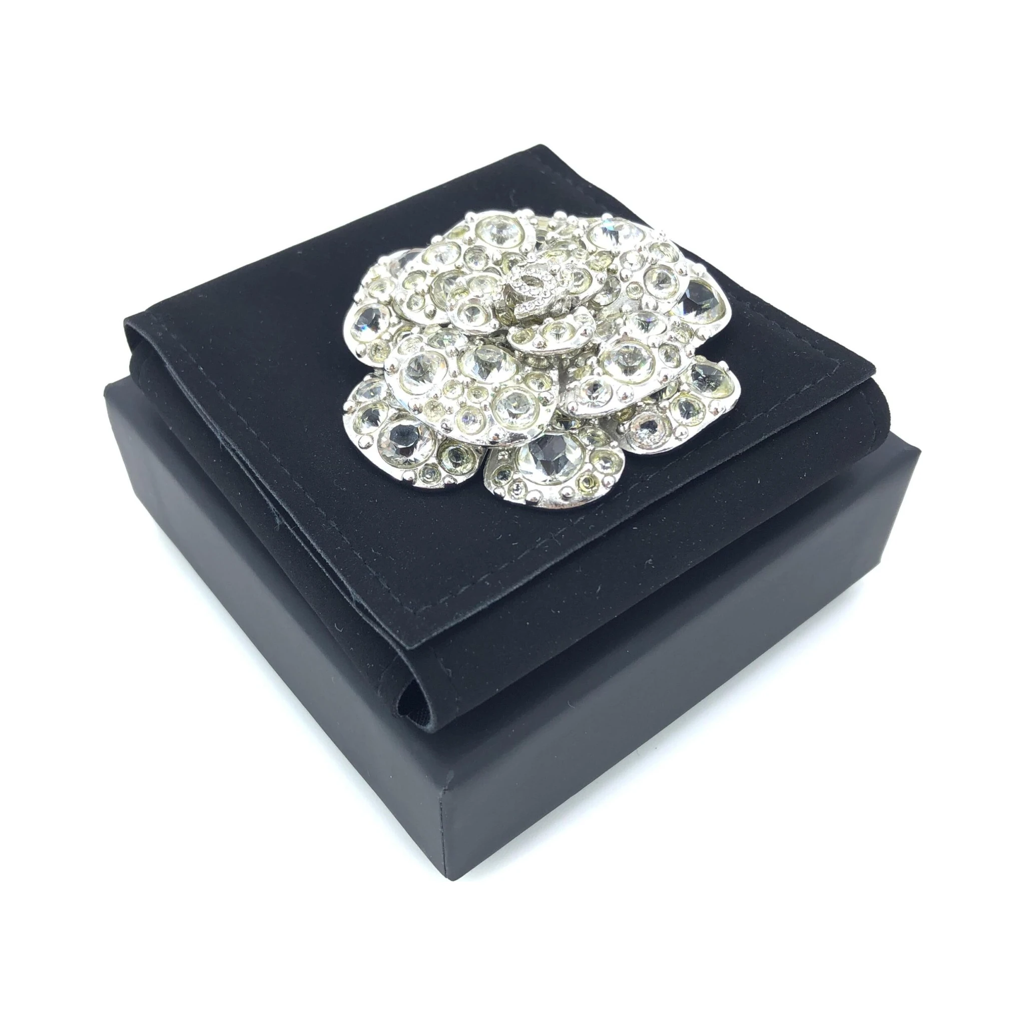 Silver Crystal Camellia Flower Brooch