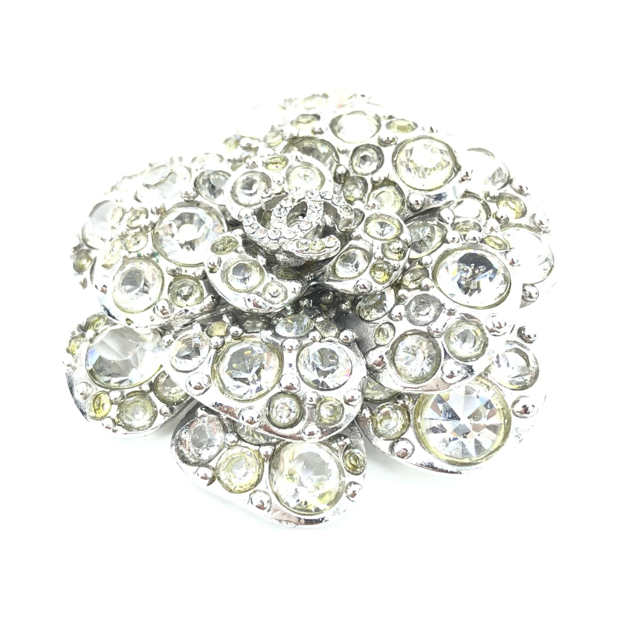 Silver Crystal Camellia Flower Brooch