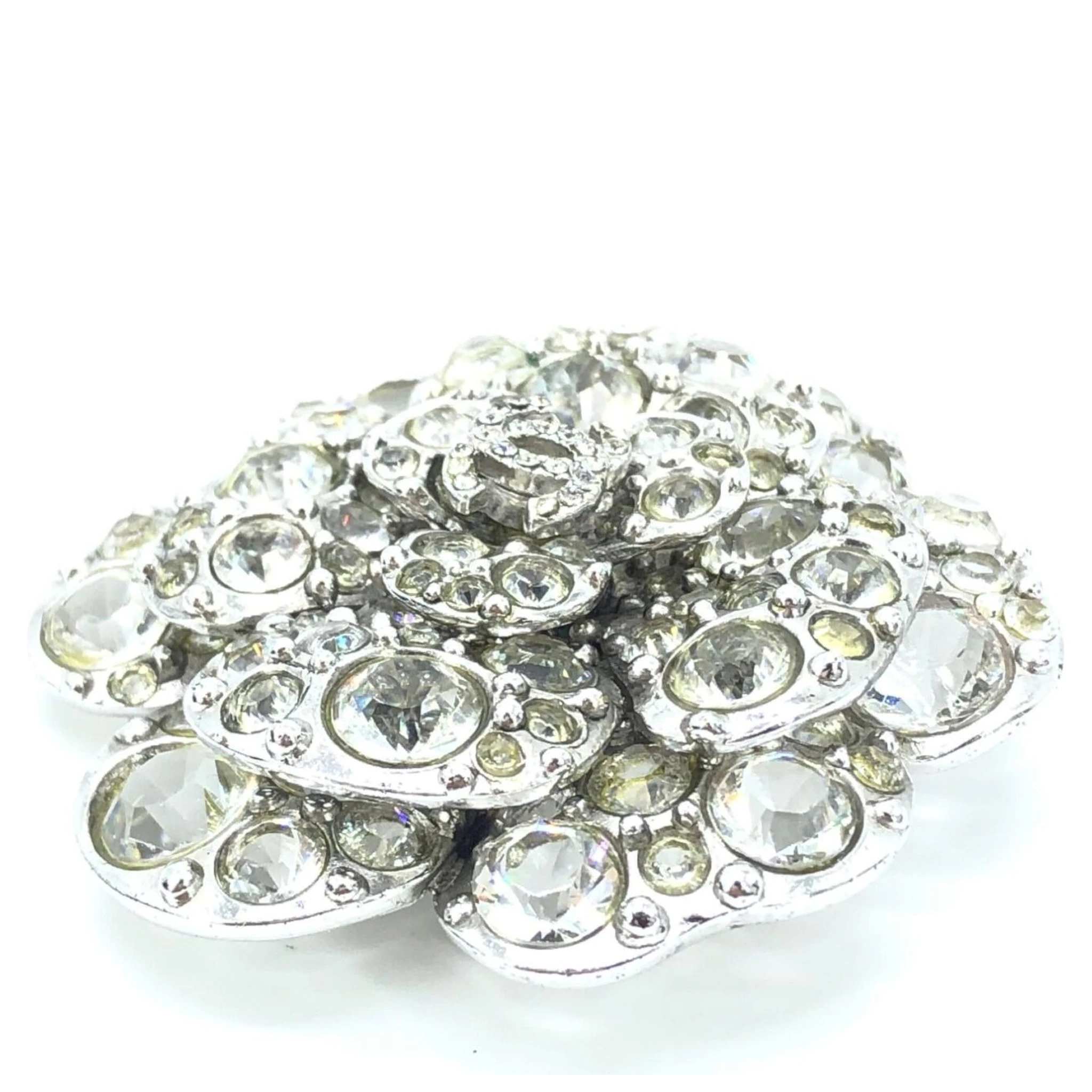 Silver Crystal Camellia Flower Brooch