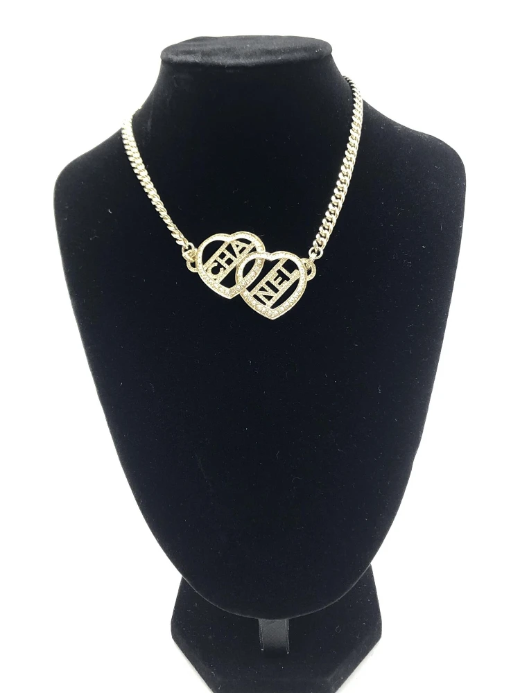 Gold Tone Heart Choker Necklace With Logo