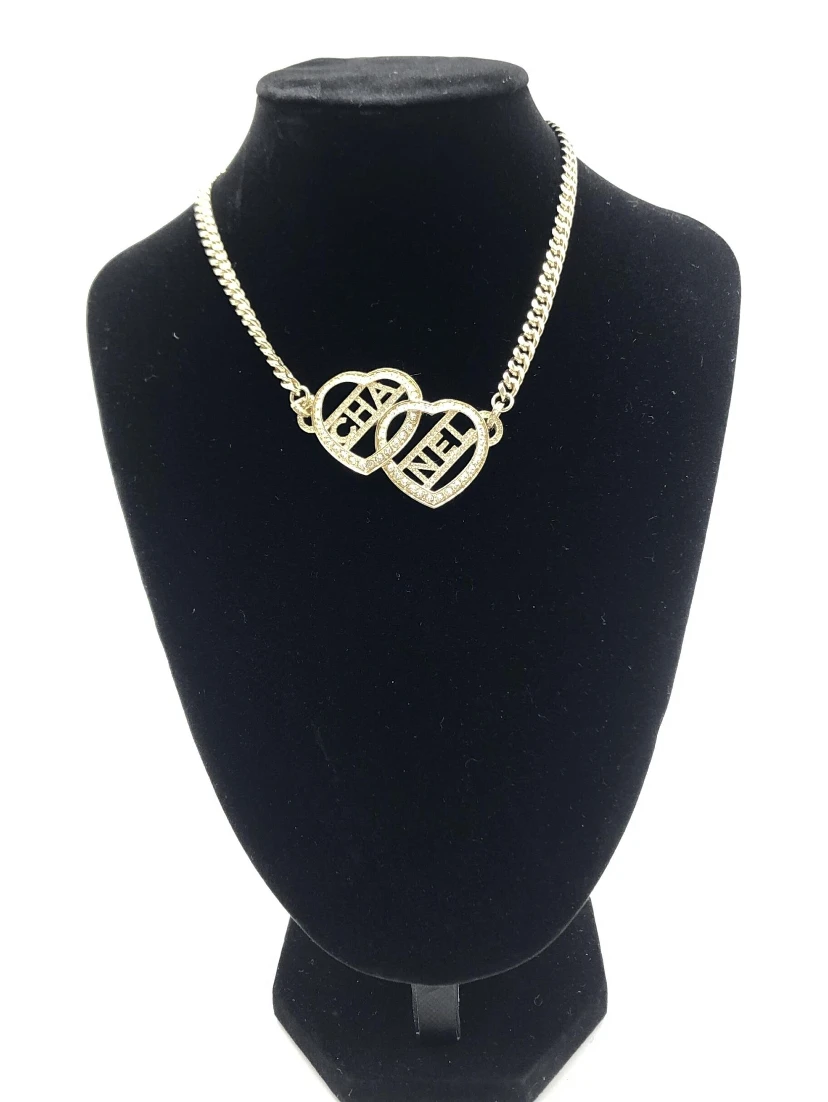 Gold Tone Heart Choker Necklace With Logo