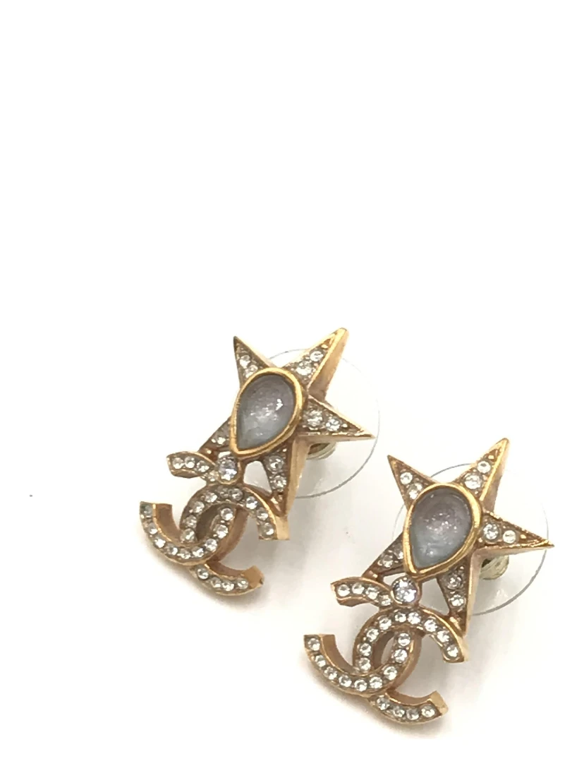 Gold Plated Star Coco Mark Earrings With Rhinestones