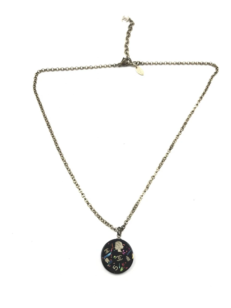 Coco Mark Mademoiselle Camellia Flower Round Hologram Black Necklace