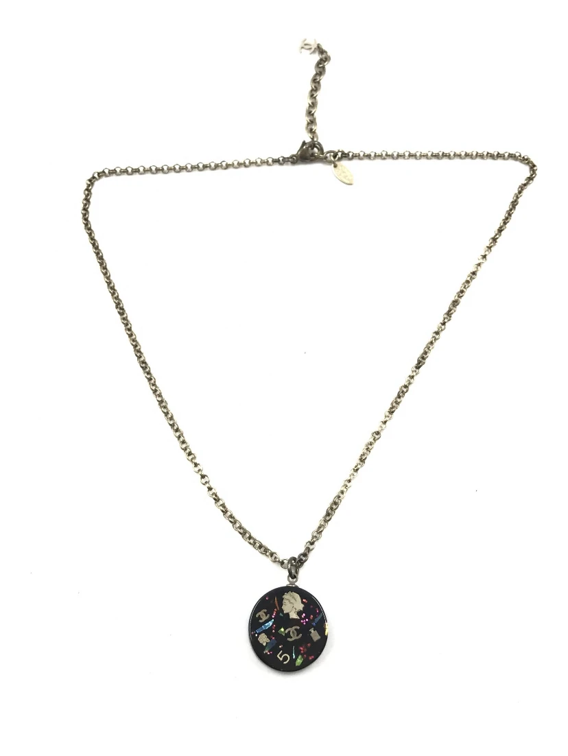 Coco Mark Mademoiselle Camellia Flower Round Hologram Black Necklace