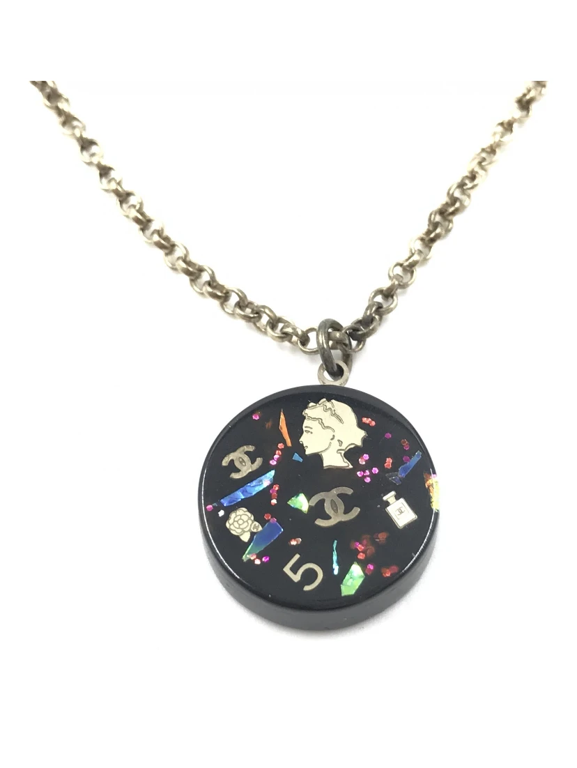 Coco Mark Mademoiselle Camellia Flower Round Hologram Black Necklace