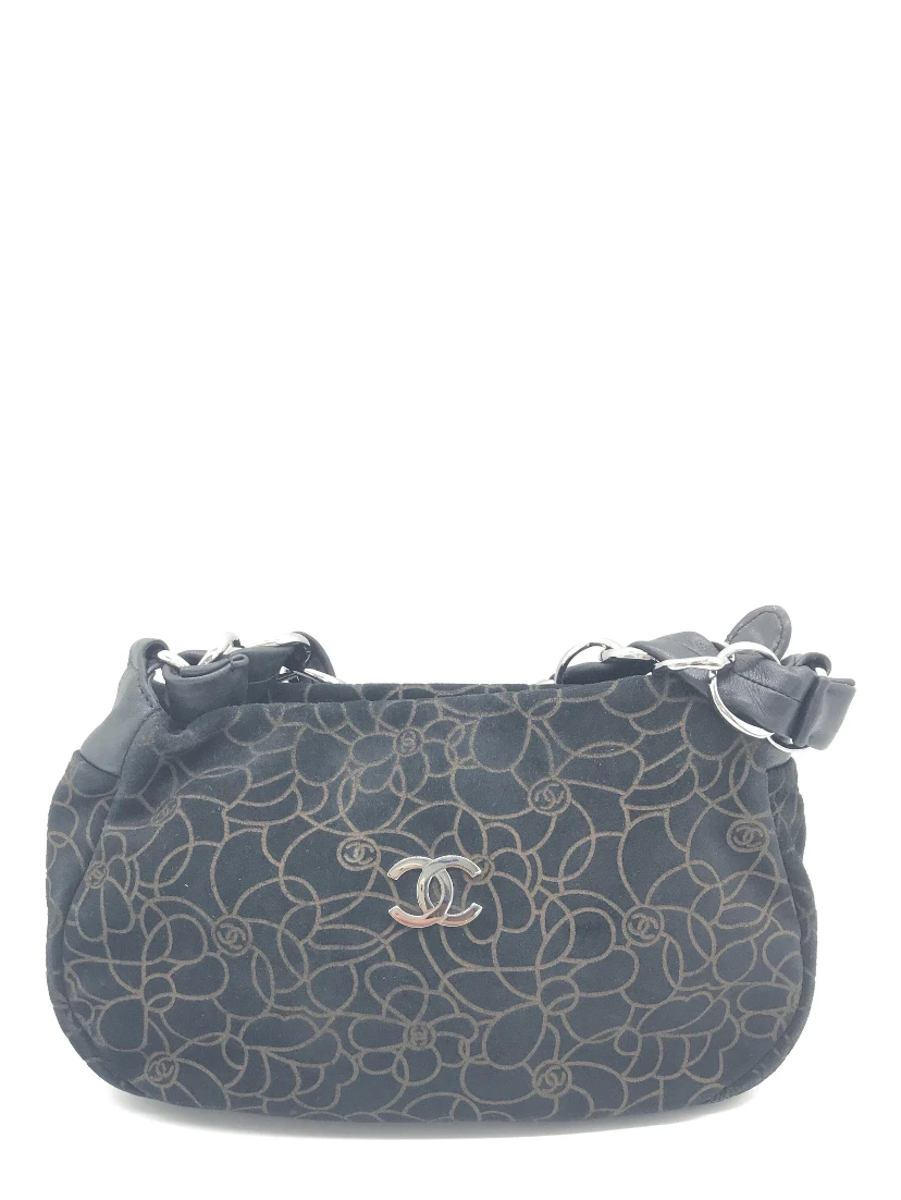 Camellia Chain Black Suede Shoulder Bag With Logo
