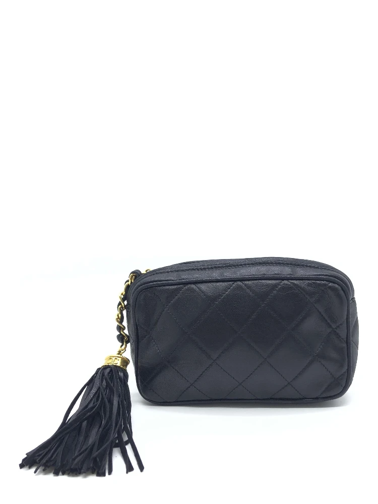Black Quilted Leather Pouch With Tassels