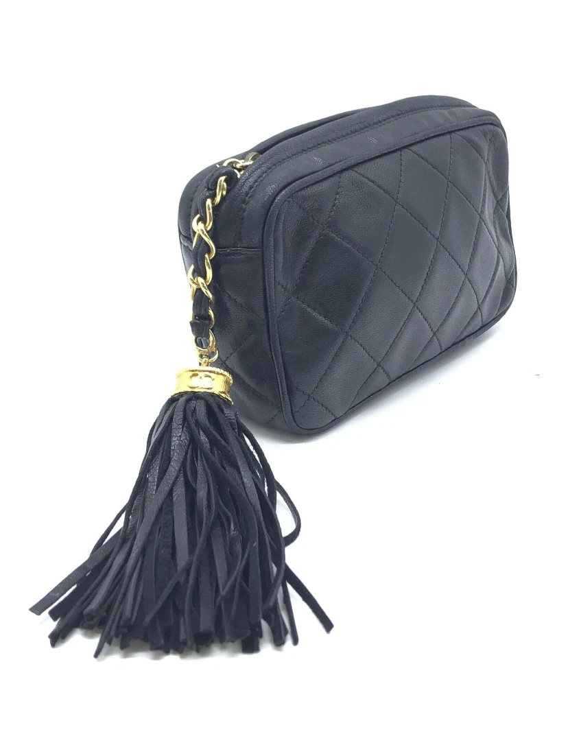 Black Quilted Leather Pouch With Tassels
