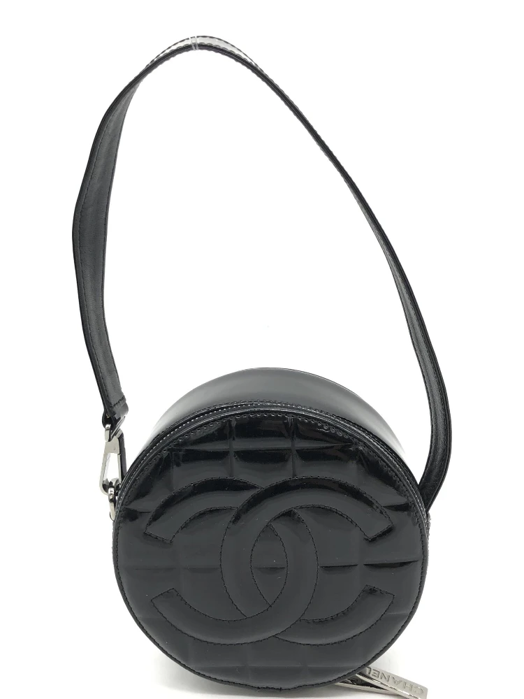 Black Patent Quilted CC Circle Mini Bag