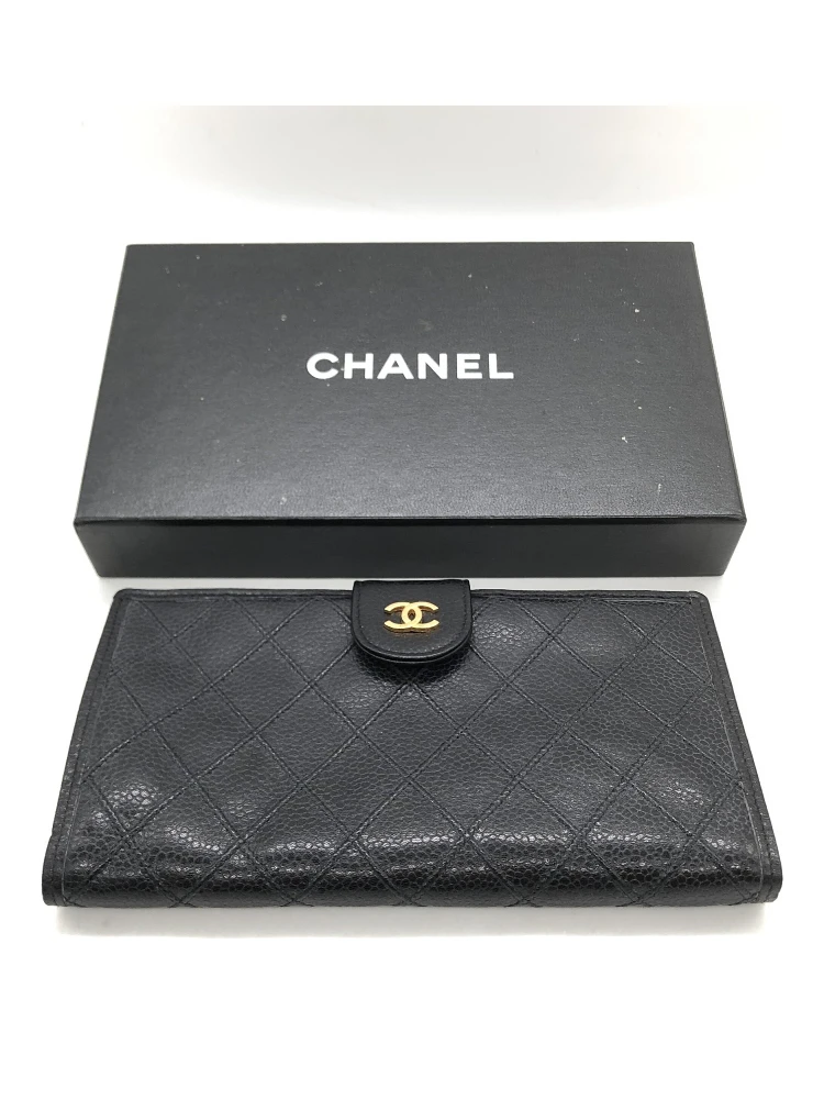 Black Quilted Leather Long Wallet