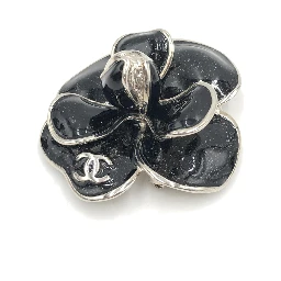 Black Enamel Flower Brooch With Silver-Tone